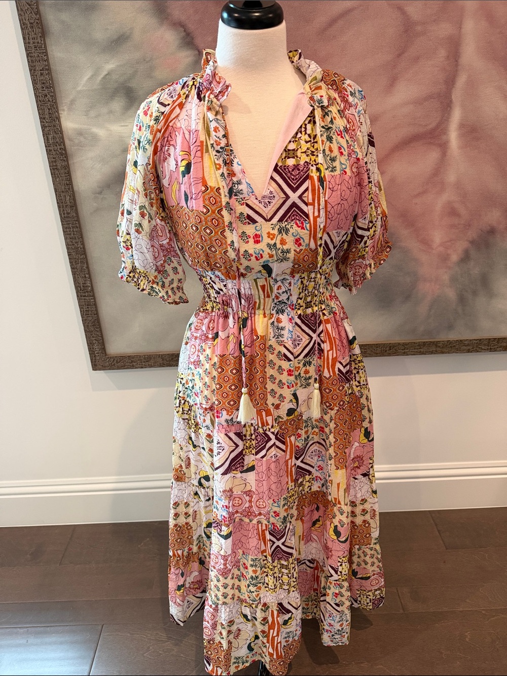 Patchwork Print Pink Tiered Midi Dress with Smocked Waist